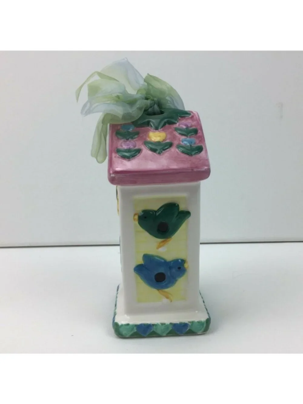 Ceramic Birdhouse Indoor Decor Sunflower Birds Flowers Hearts Ribbon Hanger